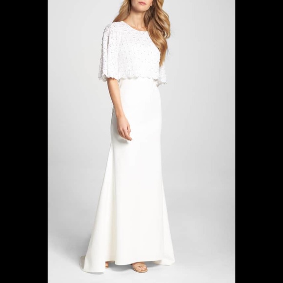 Lotus threads elbow sleeve lace overlay gown